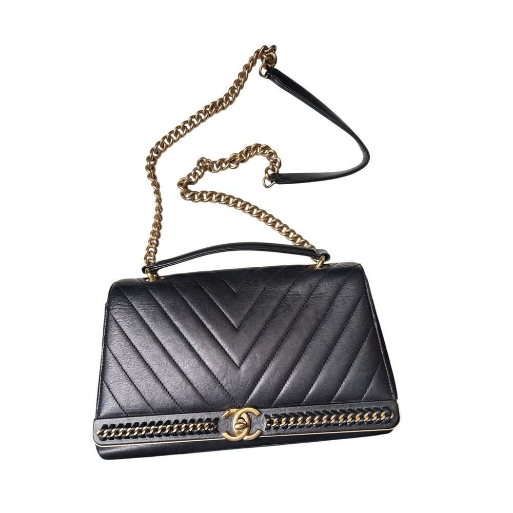 Chanel Chevron Top Handle Flap Bag - Black Calfskin with Gold Hardware